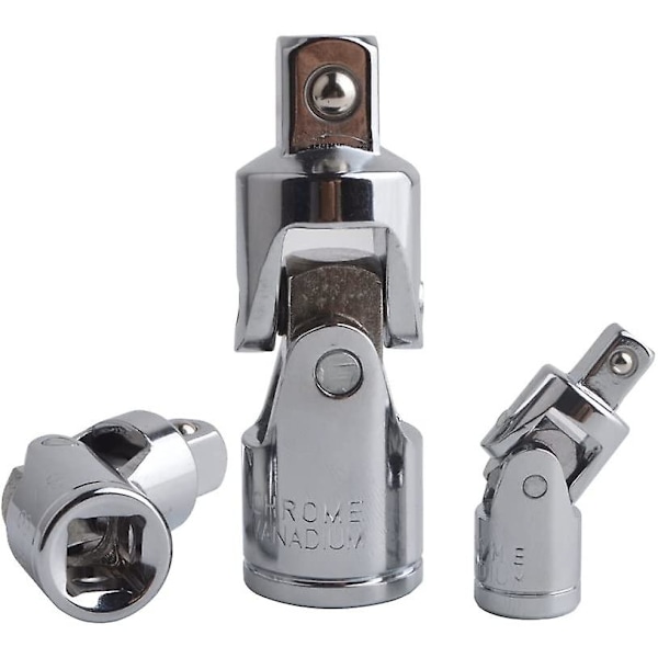 3-delt sett med universalledd, skralleadapter, reduksjonsadapter i Cr-v-stål, sølvkromfinish, 1/4\", 3/8\", 1/2\" (6,3 mm/10 mm/12,5 mm)
