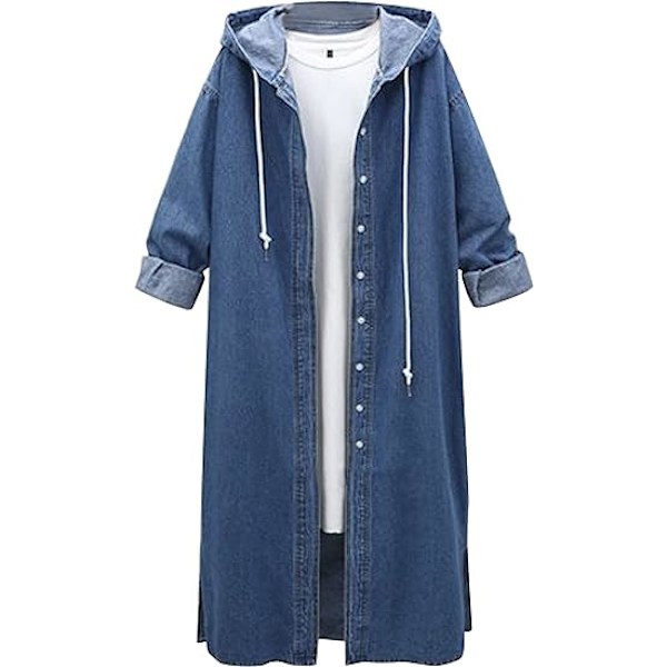 Womens Long Denim Jacket Oversized Drawstring Hooded Midi Jean Jacket, STORLEK