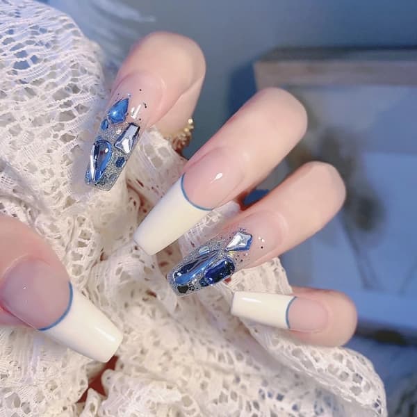 Pitkät sininen gradientti tekokynnet akryyli glitter timantti tekonkynnet