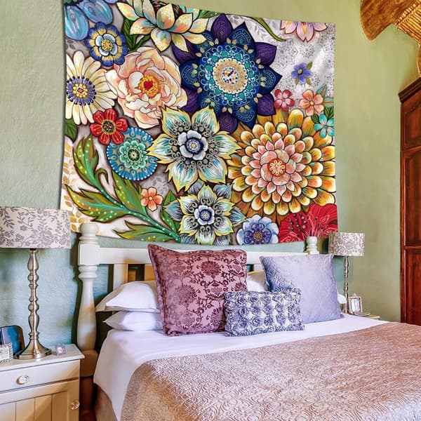 Färgglad blommig gobeläng väggbonad, ljus boho tyg blomma tapetserier