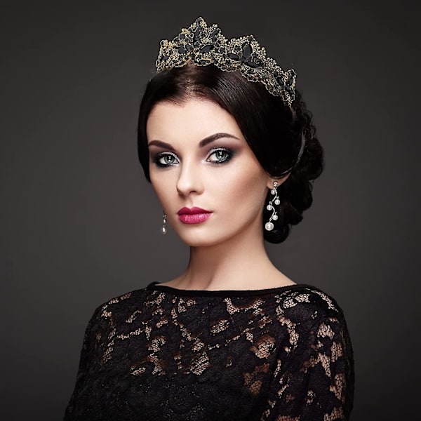 Svart Tiara for kvinner Gullkrone for jenter Bryllup Prinsesse Bursdag Krystall