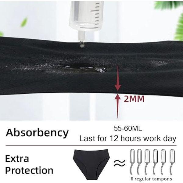 Periodeundertøy for kvinner med kraftig blødning, høyt liv, menstruasjonsundertøy med 55 ml høy absorpsjonsevne, svart L