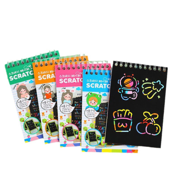 Rainbow Art Scratch Paper Notebook med träpenna, paket med 4
