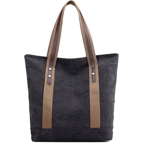 Dam Canvas Axelväskor Retro Casual Handväskor Arbetsväska Tote Väskor（svart）