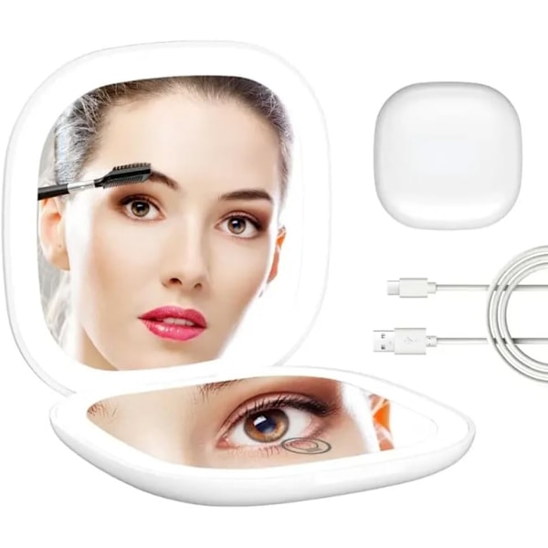 Resemirror med LED-belysning, kompakt spegel med 1X/5X förstoring, 2 sidor, 3 färger, dimbar, bärbar fickspiegel