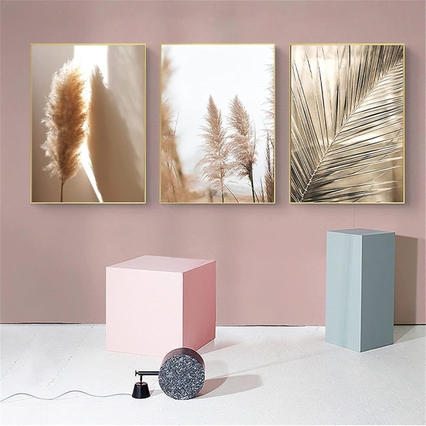 Set av 3 Premium Posters Set, Beige, Pampas Grass, Modern Pictures Decorati