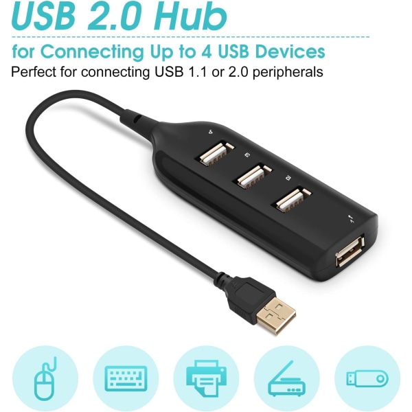 4 Port USB 2.0, USB Multiport Adapter Micro 4 Port Distributor Kabelansluten Svart