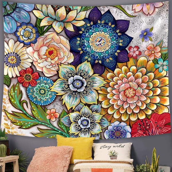 Färgglad blommig gobeläng väggbonad, ljus boho tyg blomma tapetserier