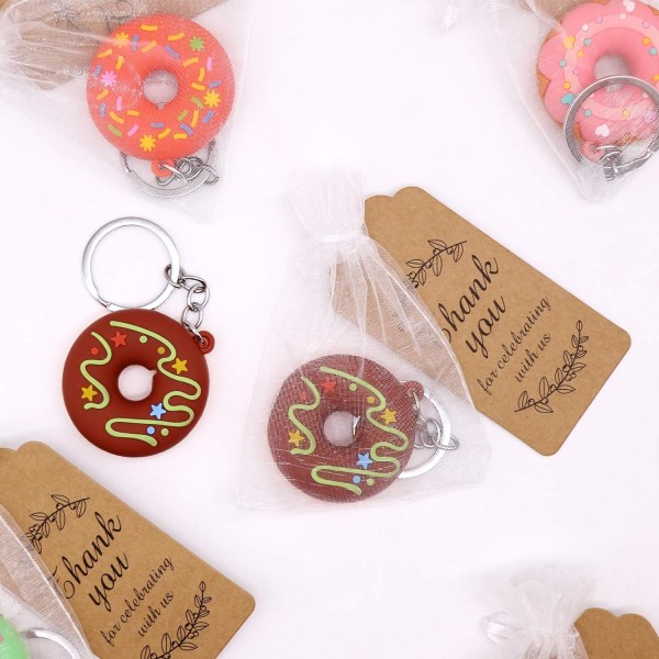 Donut Time Party favoriserer Donut Nøkkelringer 8 Pack With Thank You Kraft Tag Car