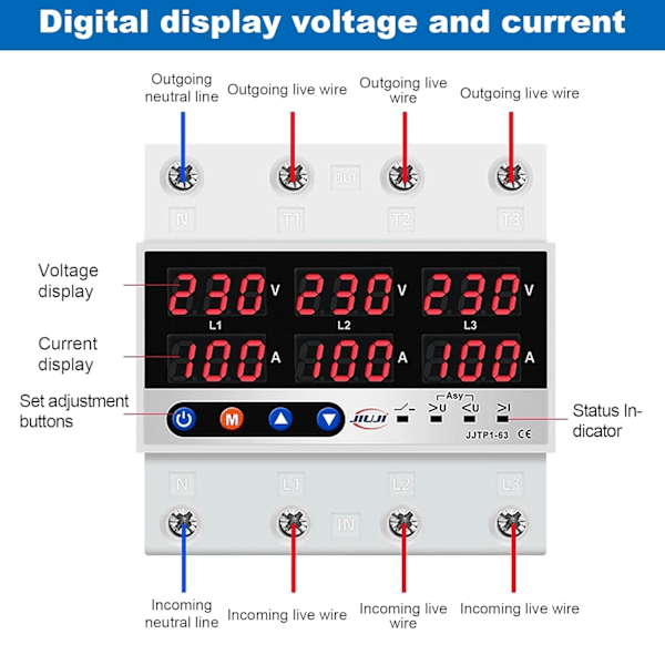 Jännite- ja virtasuojain, säädettävä kolmivaiheinen yli- ja alijännite suojalaitte, AC230V DIN-kisko ylivirtasuojain palautus (koko: 63A)