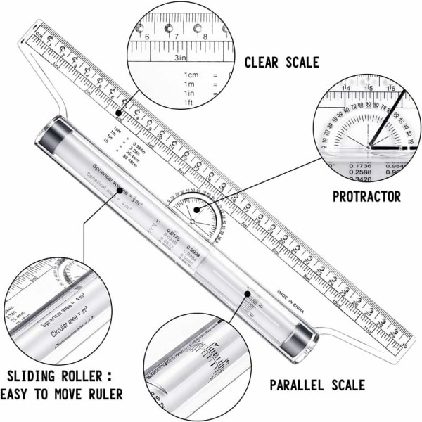 2 Pieces Plastic Measuring Rolling Ruler, Drawing Roll Ruler, Parallel Rule