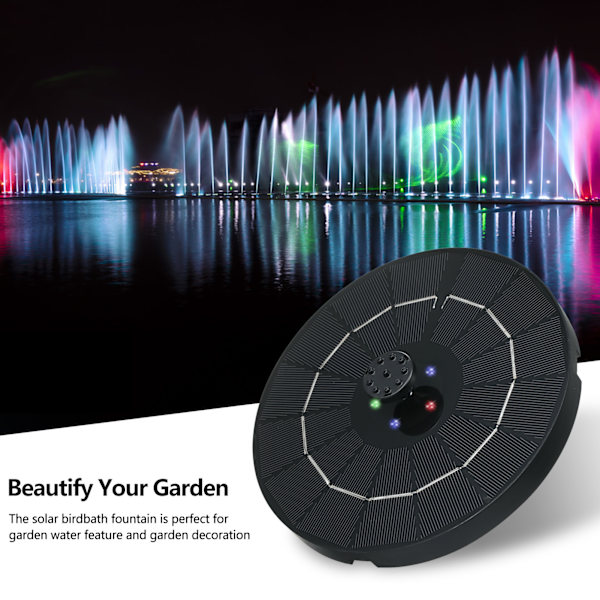 LED-solcellsfontän utomhus med färgglada LED-lampor och batteri och solpump