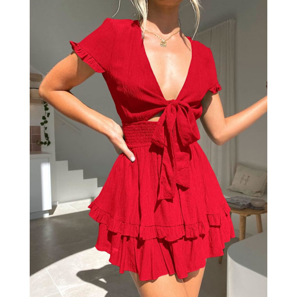 Kvinnors Sommar Flowy Miniklänning Tie Front V-hals Korta Ärmar Plisserad Lager