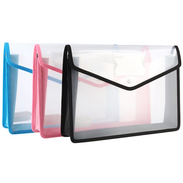 A4 plastficka, 3 st genomskinliga kuvert med tryckknapp, expanderbar filhållare för dokument, svart, blå, rosa, 33 x 7 x 24,9 cm