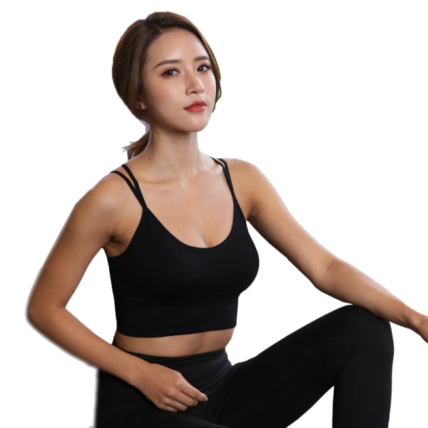 Vadderad sport-bh för kvinnor Fitness träningslöpartröja Yoga linne SVART