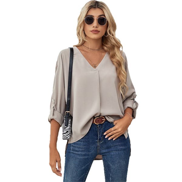 Dam sommar 3 4 klockad ärm/kort ärm V-ringad chiffong toppar casual enfärgad