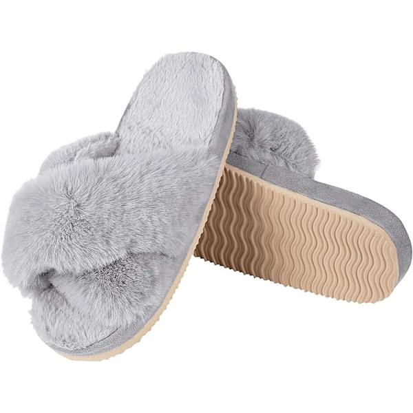 Kvinder Bløde Plys Letvægts Hjemmesko Fuzzy Krydsbånd Slip on Open