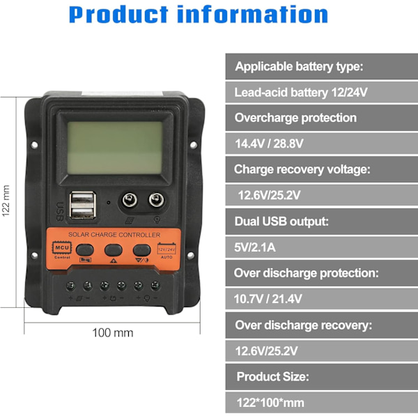 Solcelleladningsregulator, PWM Solcelleladningsregulator Med LCD 12V 24V 30A Dobbelt USB 5V Udgang Solpanel Opladningsregulator