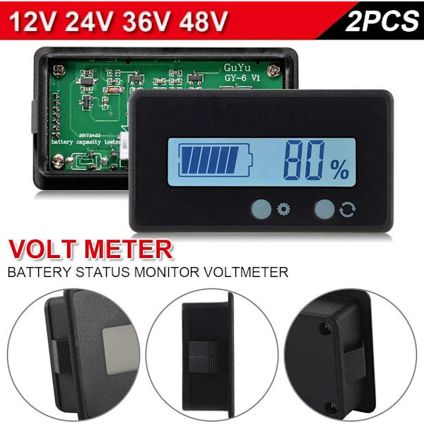 2PCS LCD-batterikapacitetsmätare, 12V/24V/36V/48V blybatteri S