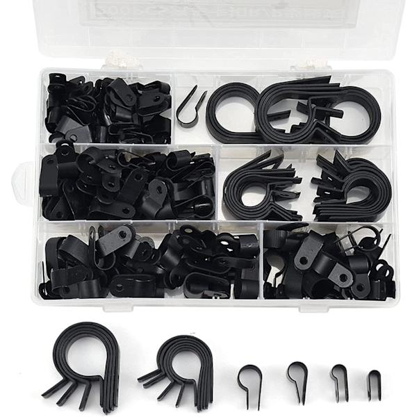 200 stk Nylon Kabelbindere-R, P-klips Nylon Plast Rørklemmer, Ø 5/6/9/12/19/28mm (Svart)