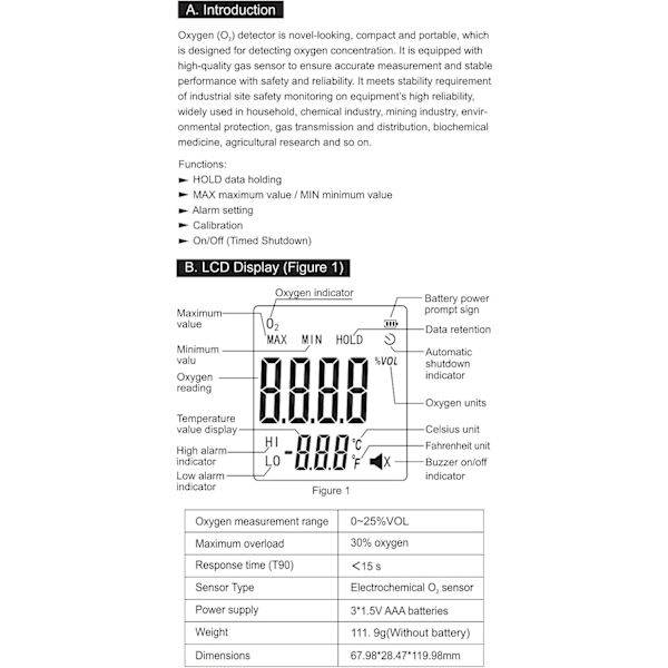 Gasdetektor, Syredetektor WT8821 0~25% VOL Bärbar Syretestare Analysator O2-detektor LCD-display, för arbete och hem