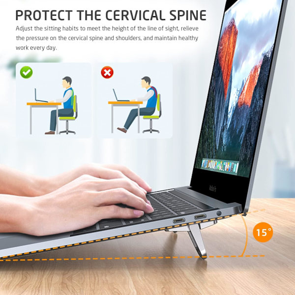 2-delt bærbar computerstand, sammenklappelig stand, selvklæbende computerstand, ergonomisk