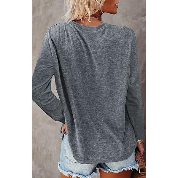Kvinders Casual Ensfarvet Langærmet T-shirts Lomme Sideslids Skjorter Loo