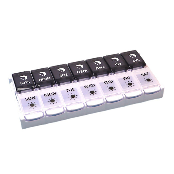 Ranskalainen Viikoittainen Pill Box Aamu ja Ilta, Pienet Irrotettavat Pill Boxit 7 Päivää 14 Lokeroa Viikoittainen Pill Box 2 Kertaa - Musta Valkoinen