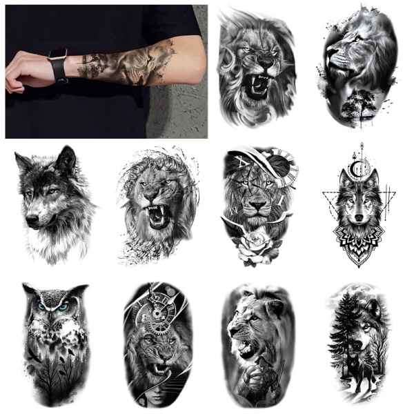 Vattentäta tatueringsklistermärken för djur i svart och vit arm