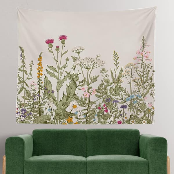 Fargerik blomsterteppe, villblomsterteppe til soverom, botanisk veggteppe