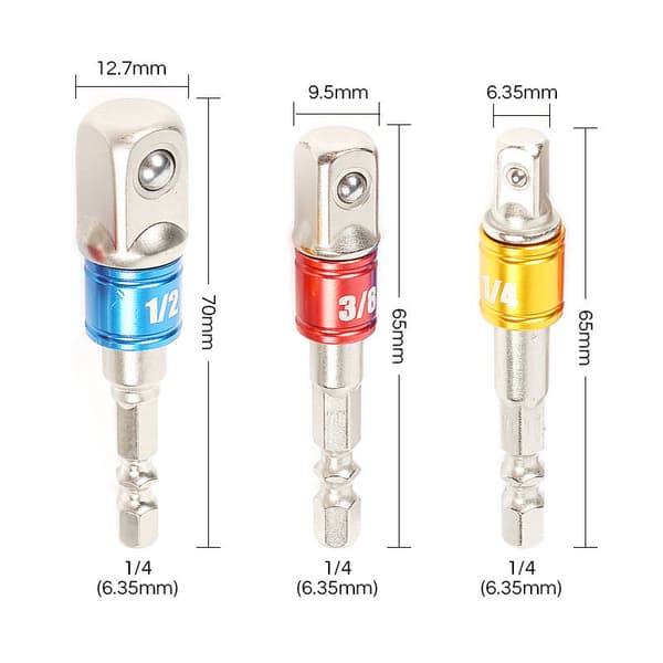 3-pack 1/4\" 3/8\" 1/2\" 6-punkts hylsadapter Hylsadapter Hylsnyckel S