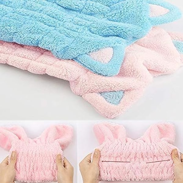 2 stk. Ultra absorberende hår hurtig tørrende blå+pink håndklæde mikrofiber hår tør wrap turban søde katteører cap badeværktøj hat til kvinder piger 23*28cm