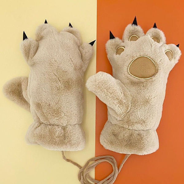 Sjove bjørnehandsker til børn, kvinder, dyrepoter, luffer, pige, vinter, håndvarmer med snor, sød katteklo, kostume, julehandsker, khaki, ca. 9 tommer/23 cm
