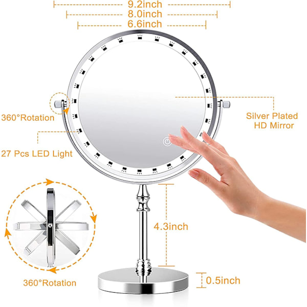 8 tommer forstørrende makeup spejl, LED-belyst makeup spejl, 1x/10x forstørrelse USB-oplader