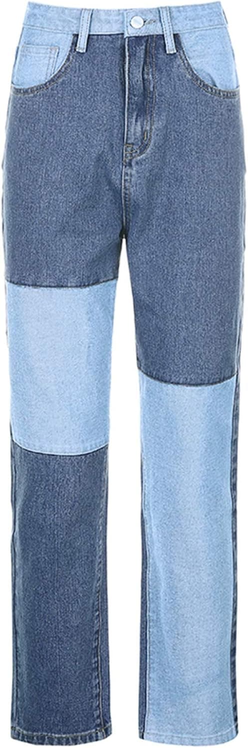 Dames Patchwork Jeans Højtaljede Straight Stretch Jeans Piger Mode Col