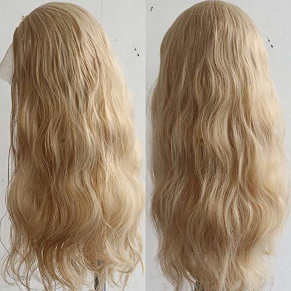 Lang naturlig krøllet limfri lace front paryk gylden blond syntetisk lace fro