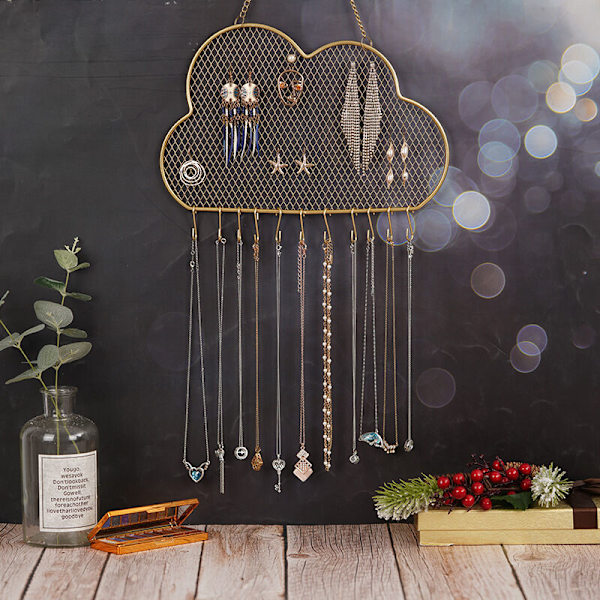 Hängande smyckesorganisatör, smyckeskrin, med krokar, guld mesh halsband