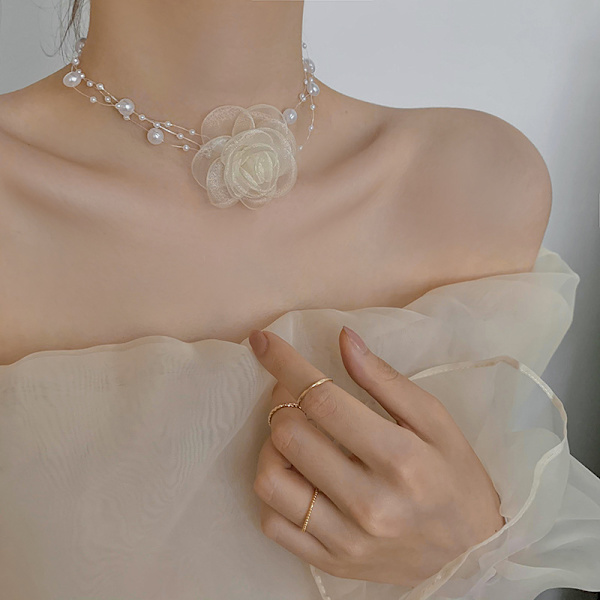 Rose Blomster Choker Halskæde Kvinders Vintage Perle Halskæde, Hvid