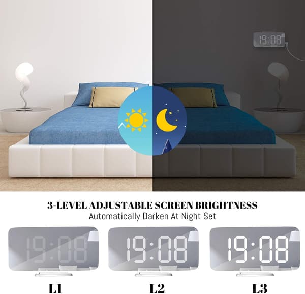 Digital vekkerklokke, stort LED-speil, slumrefunksjon, dimmemodus,