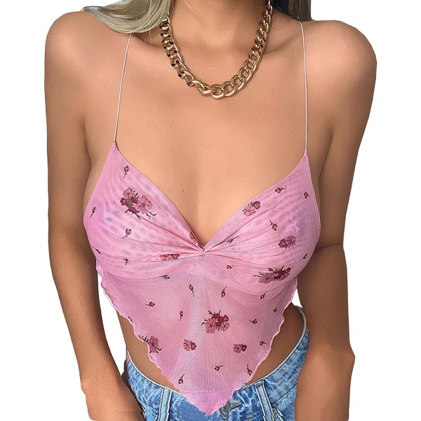 Sommer Sexy Cropped Navel Top Kvinner Sommer Ermeløs Dyp V-hals Mote Søt Halter Kort Tank Top rosa L