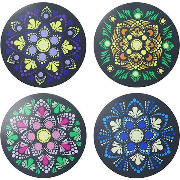 4 stk. 9,8 cm akryl cirkelformede underlag, akryl runde underlag med mandala