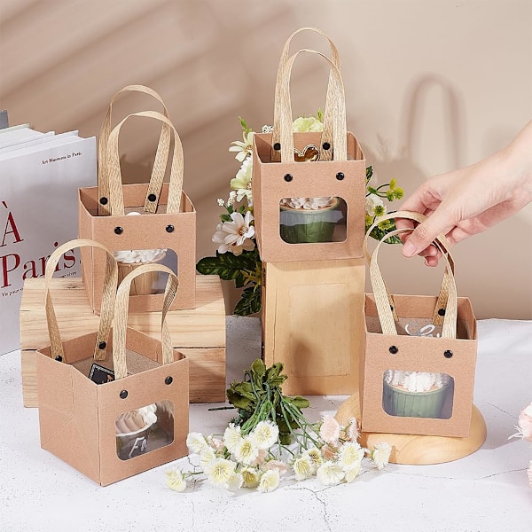 Pakker med firkantede papirsgaveposer med håndtag, små indkøbsposer til babyshower, bryllup, fødselsdag, blomsterbutiksemballage, 10x10cm