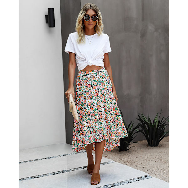 Kvinde Højtaljet Blomster Midi Boho Elastisk Højtaljet Nederdel Slid A-Linje Fl