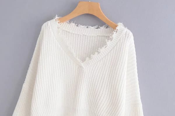 Dame V-hals løs strikket sweater langærmet rippet pullover Cro