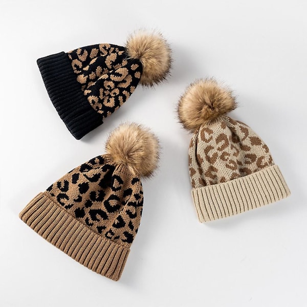 Kvinnors leopardmönstrade pompon-stickade mössor varm ullmössa vinter slouchy beanie