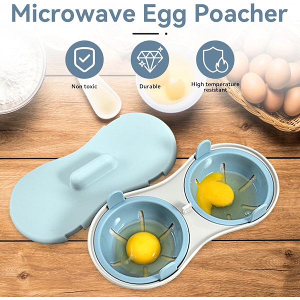 Mikrobølgeovn Æg Pokker, 2 Hulrum Spiselig Silikon Æg Dræn, Dobbelt Æg Kopper til Hårdkogte Æg, Køkken Madlavnings Gadgets. (Blå 22*11.8*8cm)