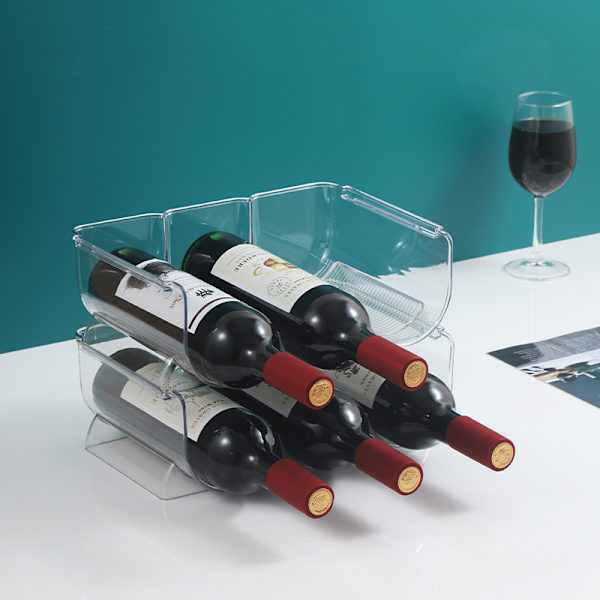 Vinstativ (sett med 2) - Plaststabelbart vinstativ for 6 flasker vin eller annen drikke - Moderne vinstativ for opptil 6 flasker totalt - Klart