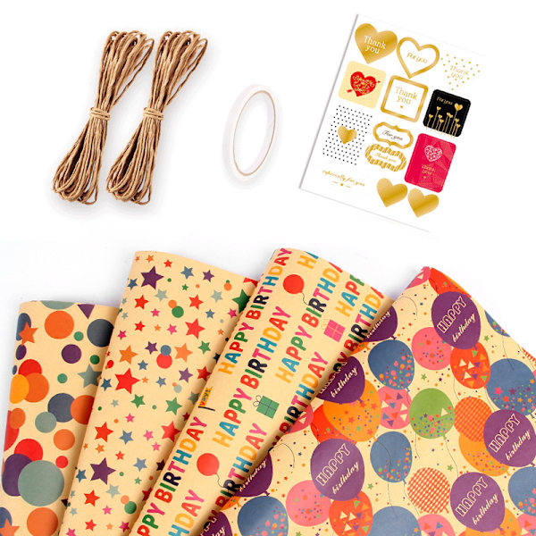 Födelsedagspresentpapper, Eco Kraft Presentpapper för Män Kvinnor Flicka Pojke, Naturligt Födelsedagspapper med Blandat Brunt och Färgat Mönster, Födelsedagspresentinslagning