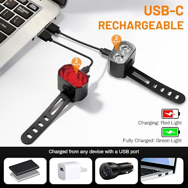 Cykellygte-sæt - Forlygte og baglygte, lang batterilevetid, USB-opladning,