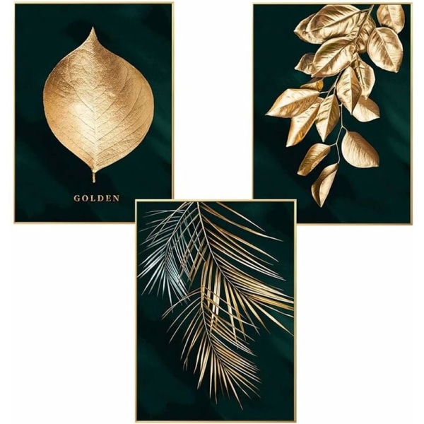 Set med 3 designväggposters med skog, guldblad, palm, ramfri, vägg